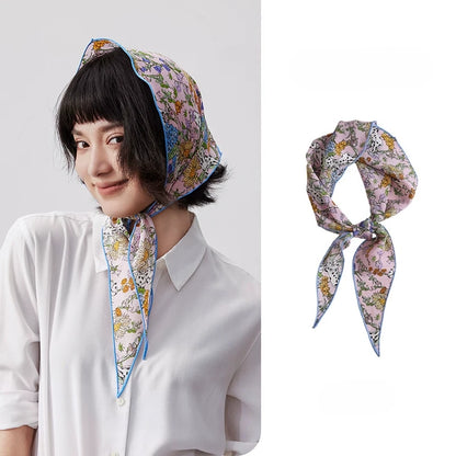 Floral silk scarf worn as a head scarf, mulberry silk triangle head scarf styling