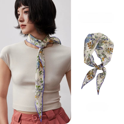 Floral mulberry silk scarf styled as a neck scarf, elegant lightweight accessory