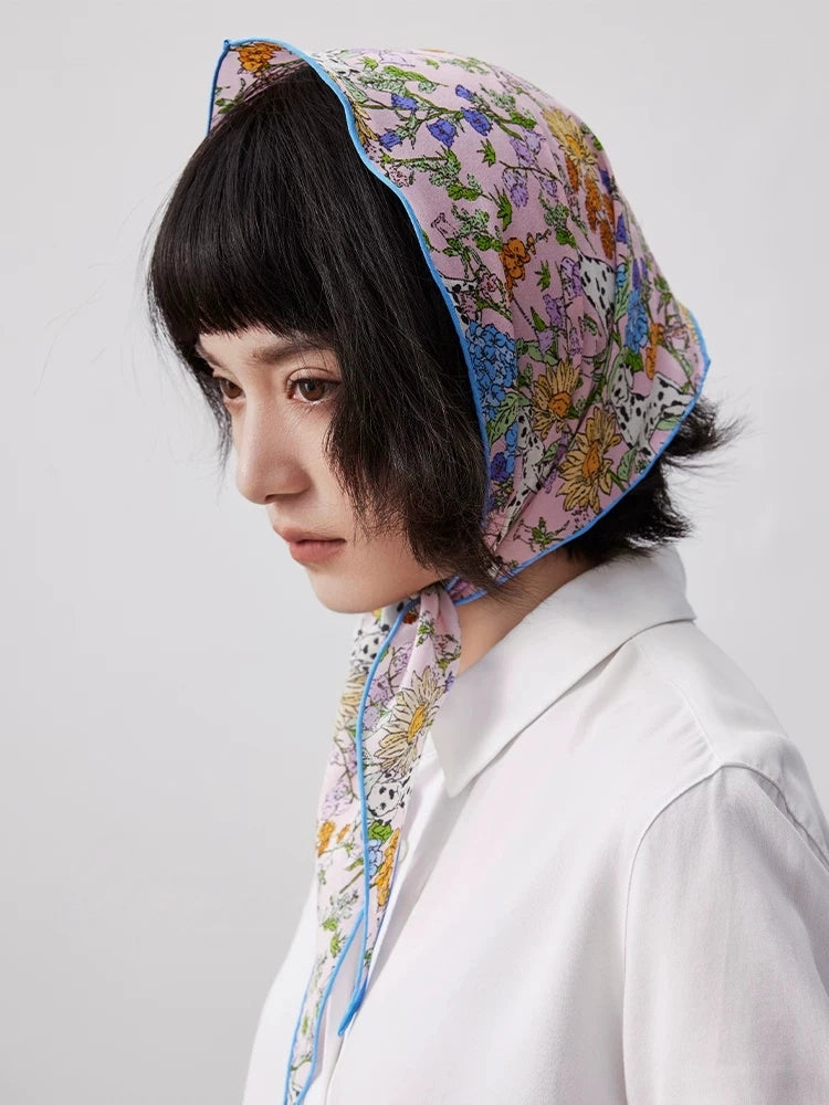 Floral silk scarf worn as a head wrap, soft mulberry silk styling detail