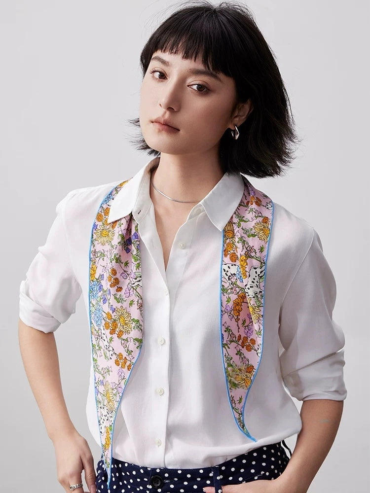 Floral silk scarf styled as a neck tie, lightweight mulberry silk scarf look