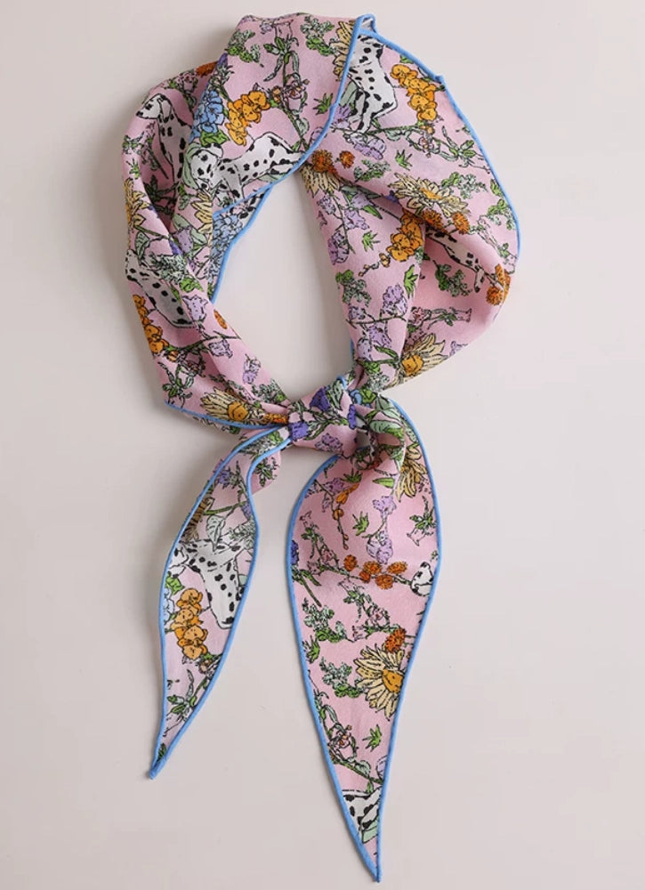 Floral silk scarf folded styling, mulberry silk triangle scarf detail
