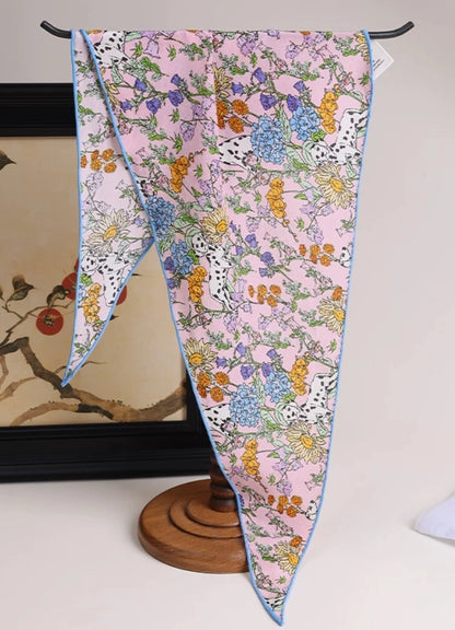 Floral mulberry silk scarf fully unfolded, dog and floral pattern detail