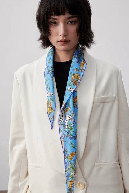 Mulberry silk floral scarf worn with blazer, elegant neck scarf styling