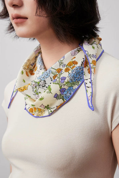 Floral silk scarf worn as a neck scarf, elegant mulberry silk accessory