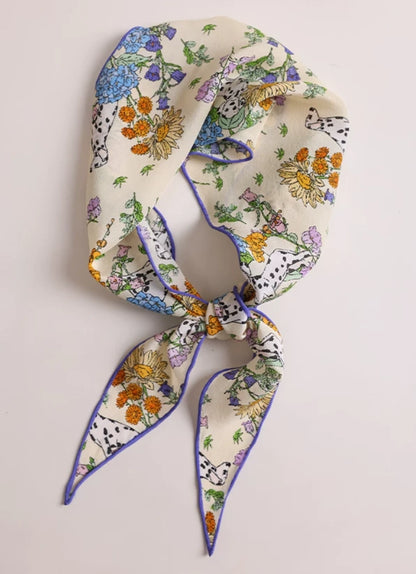 Floral silk scarf folded bow style, mulberry silk scarf detail