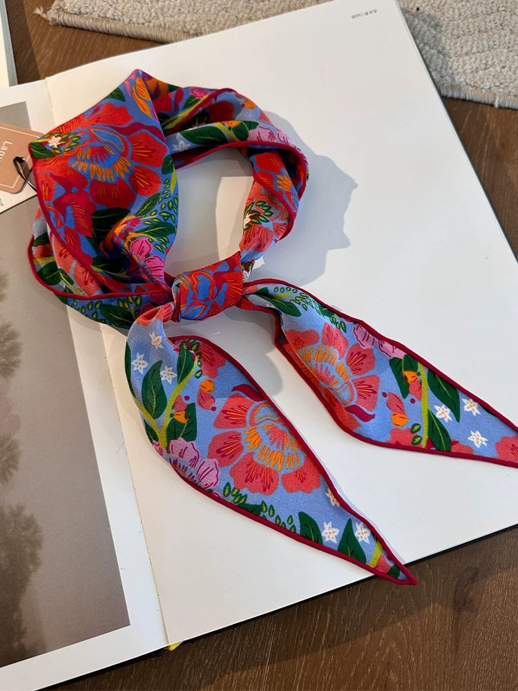 100% mulberry silk triangle scarf floral pattern flat lay display