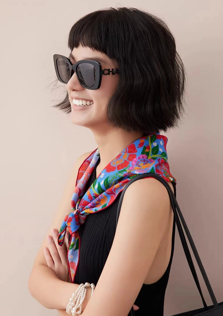 side view of model wearing triangle silk scarf stylish summer look