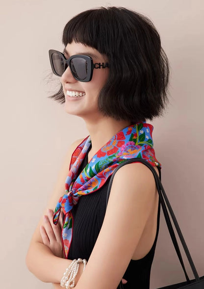 side view of model wearing triangle silk scarf stylish summer look