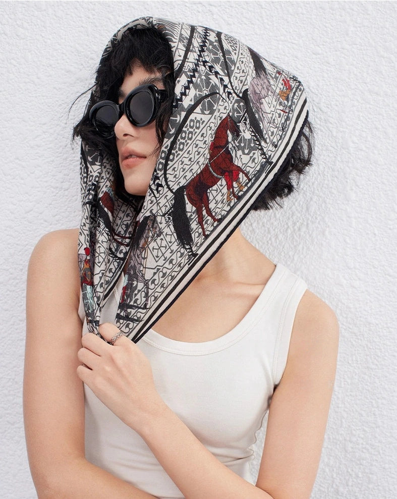 Vintage Jazz Horse Silk Wool Square Scarf 61×61cm OESLO