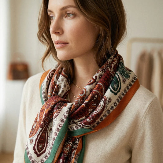close-up of silk wool scarf on western female model, vintage paisley pattern, soft texture, lightweight drape, elegant styling detail