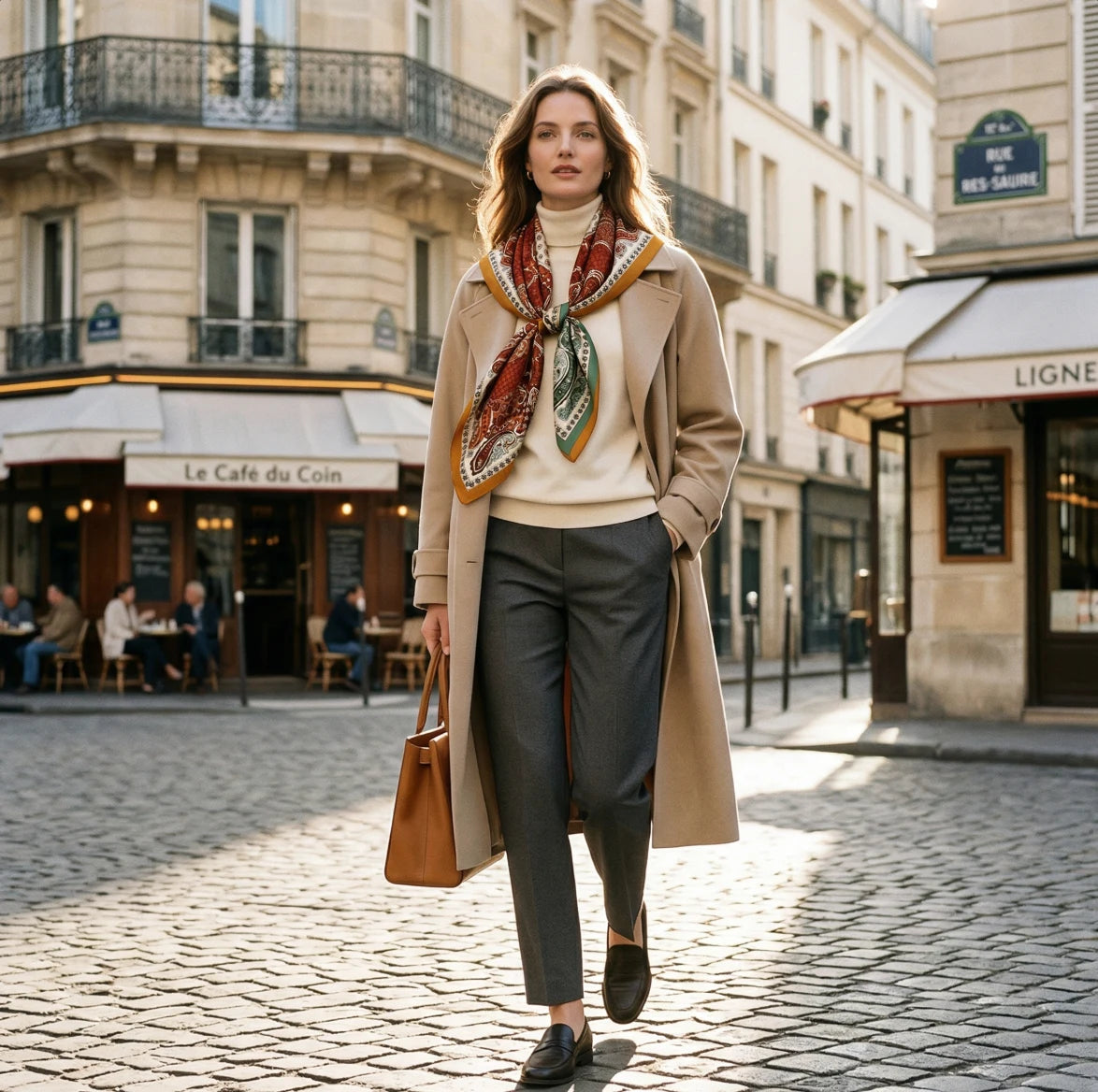 elegant western woman wearing a silk wool square scarf 65x65 cm vintage paisley pattern, full body paris street style outfit, neutral tones, luxury fashion look