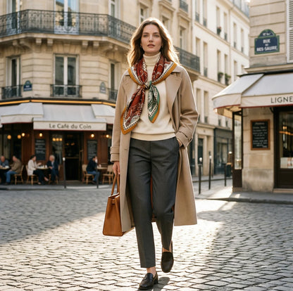 elegant western woman wearing a silk wool square scarf 65x65 cm vintage paisley pattern, full body paris street style outfit, neutral tones, luxury fashion look