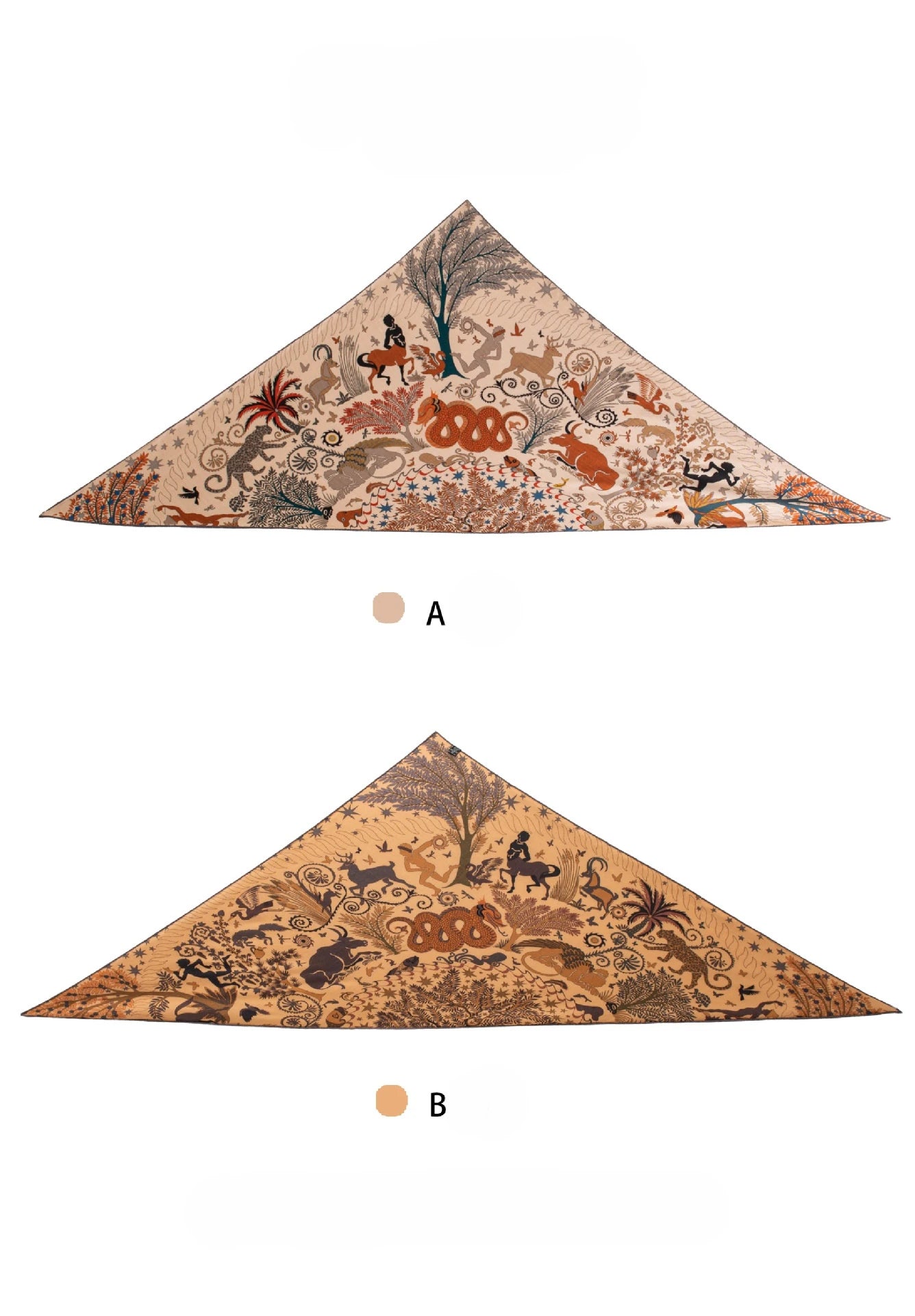 reversible silk wool triangle scarf two tone contrast botanical print front and back view