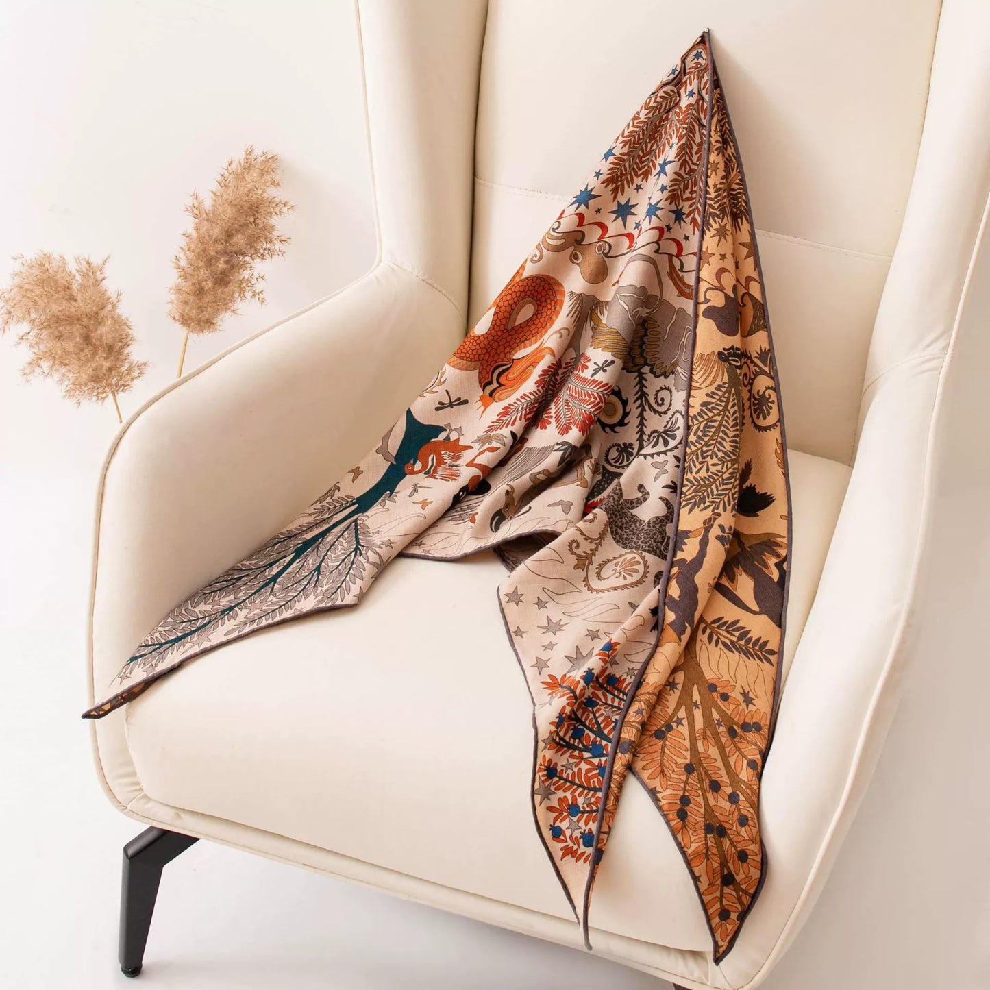 large triangle scarf silk wool blend draped on chair soft warm textured fabric detail