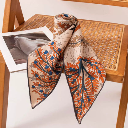 silk wool triangle scarf close up folded display double sided contrast color botanical design