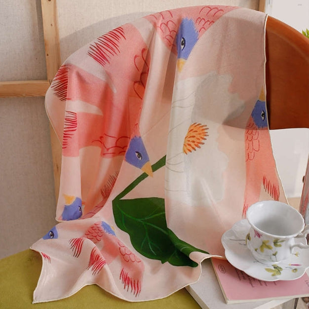 Silk Square Scarf – 100% Mulberry Silk with Bird & Floral Print - AOA Fashion Accessories