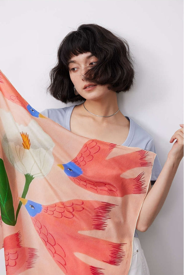 Silk Square Scarf – 100% Mulberry Silk with Bird & Floral Print - AOA Fashion Accessories