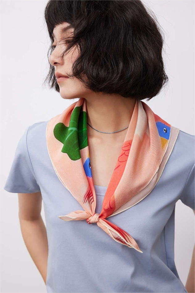 Silk Square Scarf – 100% Mulberry Silk with Bird & Floral Print - AOA Fashion Accessories