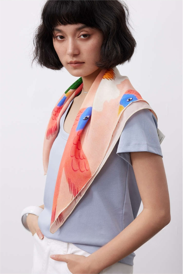 Silk Square Scarf – 100% Mulberry Silk with Bird & Floral Print - AOA Fashion Accessories