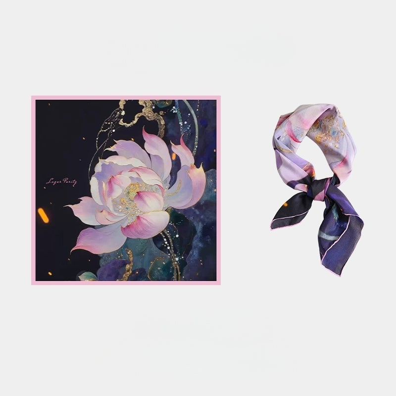 Lotus Painting Silk Square Scarf - AOA Fashion Accessories