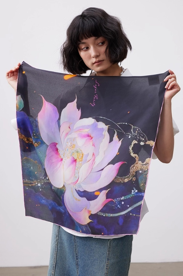 Lotus Painting Silk Square Scarf - AOA Fashion Accessories