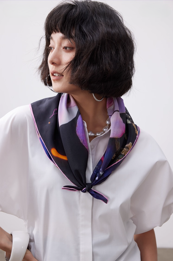 Lotus Painting Silk Square Scarf - AOA Fashion Accessories