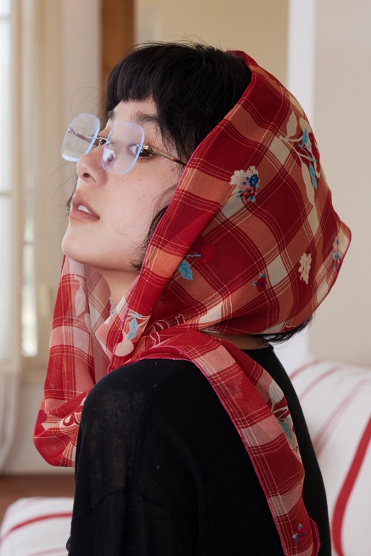 Red Plaid Floral Silk Scarf - AOA Fashion Accessories