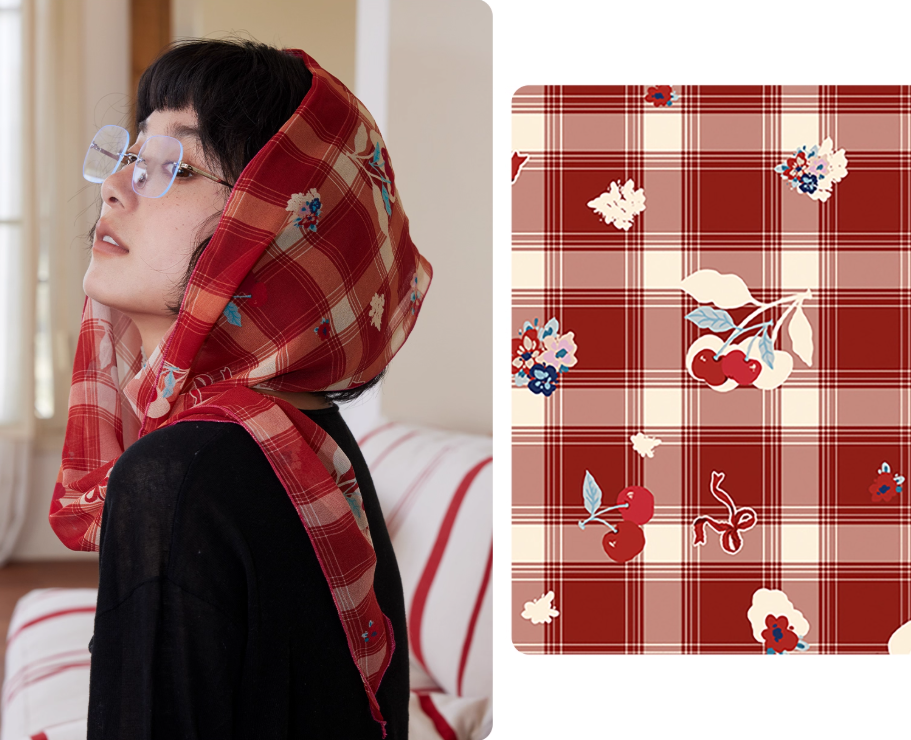 Red Plaid Floral Silk Scarf - AOA Fashion Accessories