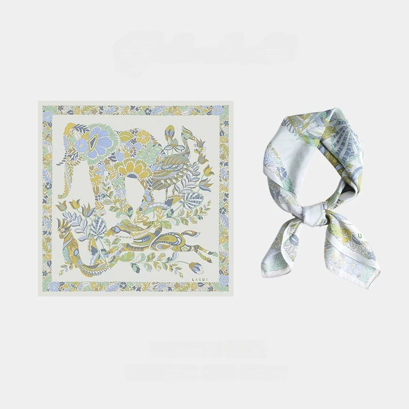 Snow Mountain Blue 65 cm mulberry silk scarf with vintage elephant and floral artwork, shown flat and tied