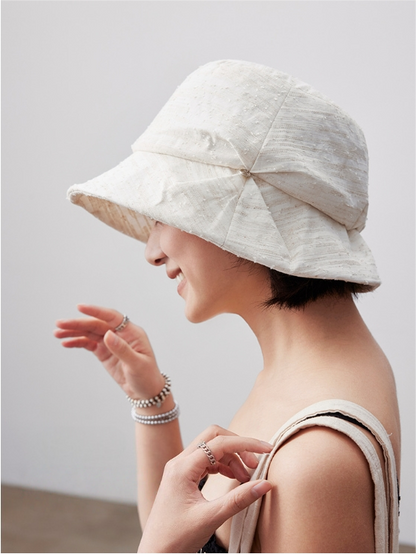 soft pleated bucket hat women breathable summer sun hat white side view