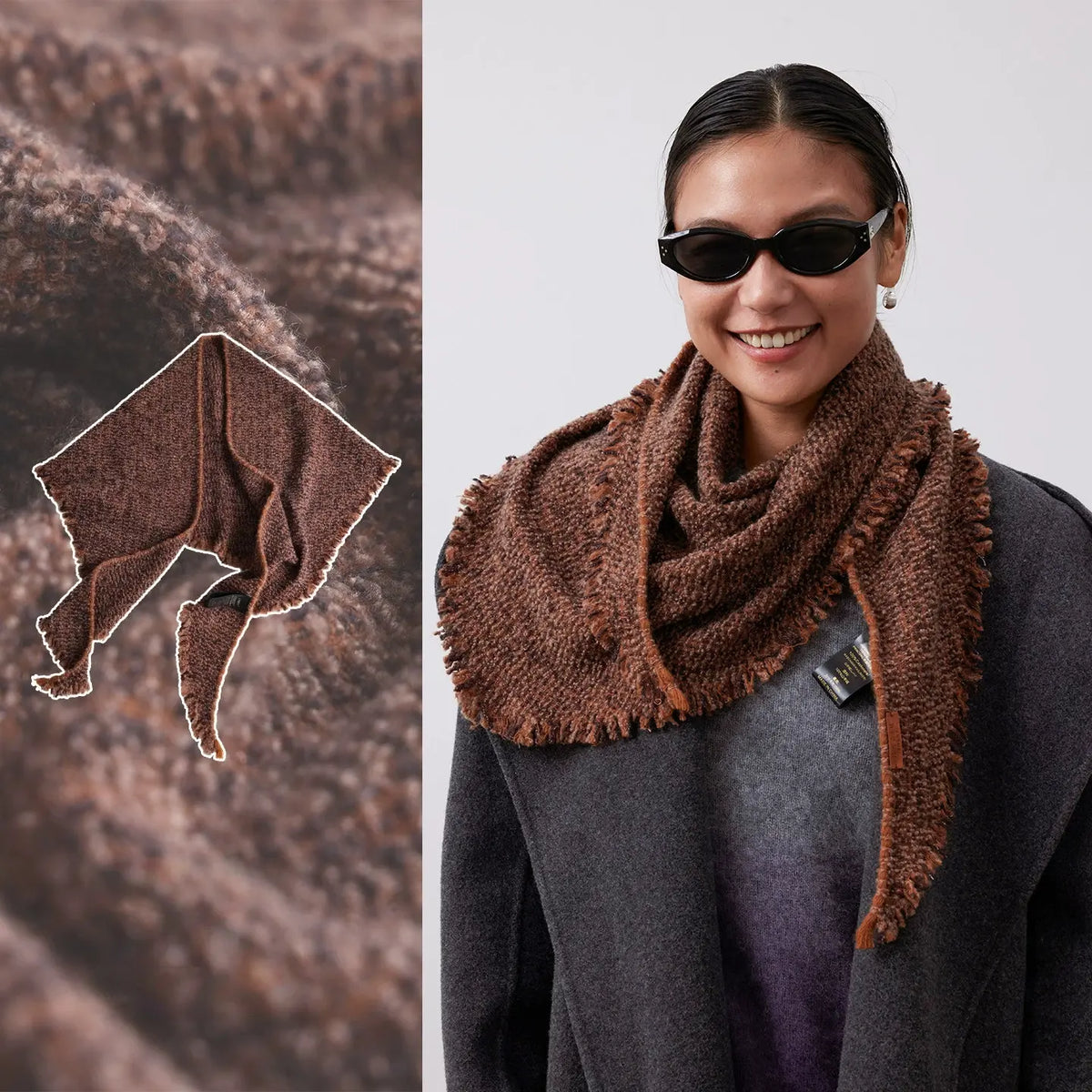 Terracotta cashmere triangle scarf collage showing textured knit, fringed edges and styling over a charcoal top.