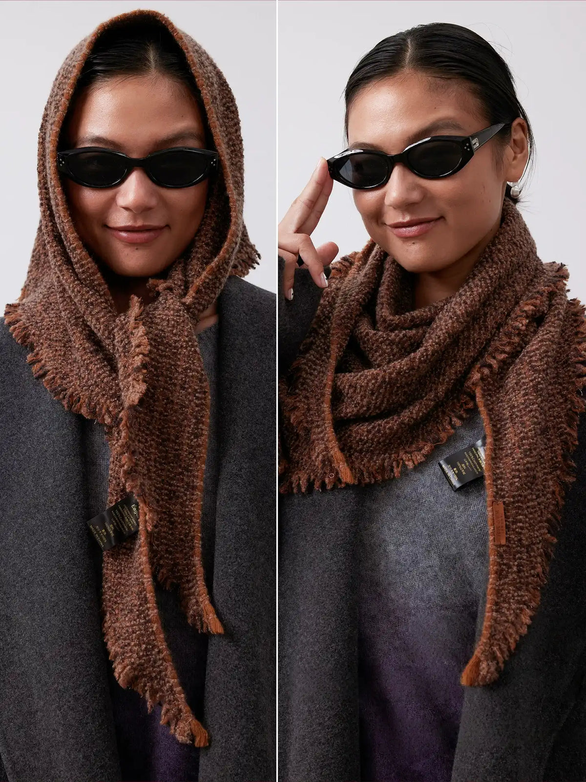 Two ways to wear a terracotta cashmere triangle scarf: draped over the head and wrapped around the neck.