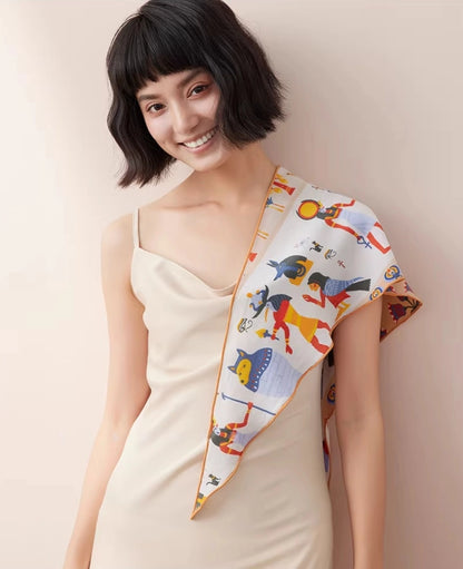 Tribal pattern silk scarf draped on shoulder, lightweight mulberry silk scarf styling