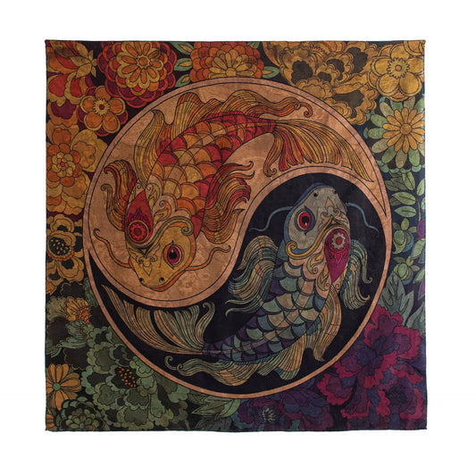 Twin fish Xiangyun mulberry silk square scarf with floral border in amber, burgundy, teal and black
