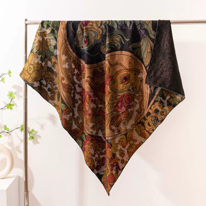 Large twin fish Xiangyun silk scarf hanging in a bright interior, displaying its ornate floral artwork