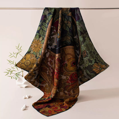 Oversized Xiangyun silk square scarf draped from a rail with a vintage twin fish and botanical design