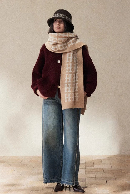 Heavyweight 100% Wool Jacquard Scarf | Gray & Camel Winter