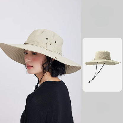 UPF50+ waterproof wide brim sun hat in khaki with foldable brim and chin cord