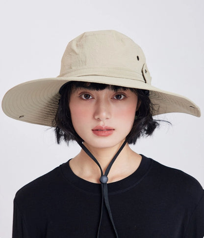 Khaki UPF50+ sun hat with extra wide brim, adjustable fit, and outdoor chin strap
