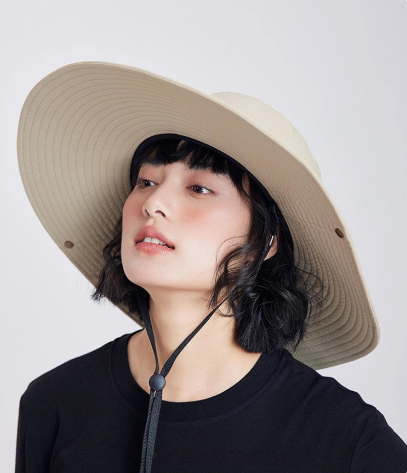 Extra wide brim khaki sun hat with UPF50+ UV protection for hiking and travel