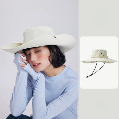 Off white UPF50+ waterproof wide brim sun hat with foldable brim and chin cord