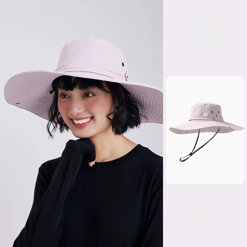 Pink UPF50+ waterproof wide brim sun hat with foldable brim and chin cord