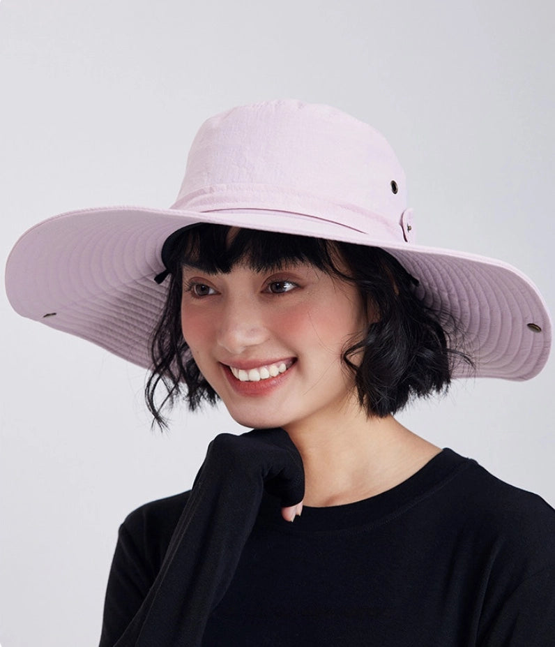 Soft pink wide brim sun hat with UPF50+ UV protection for beach and outdoor travel