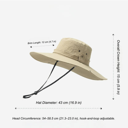 UPF50+ waterproof wide brim sun hat size guide with adjustable head circumference