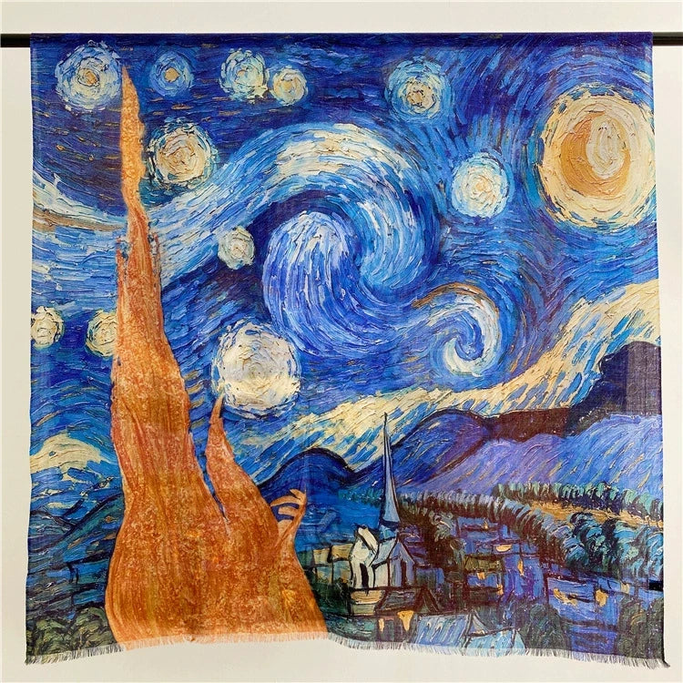 Full view of a blue Van Gogh Starry Night wool scarf with orange cypress artwork and fringed edges