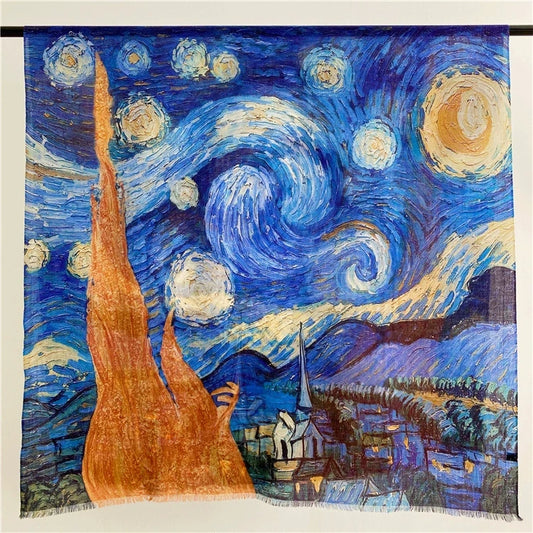 Full view of a blue Van Gogh Starry Night wool scarf with orange cypress artwork and fringed edges