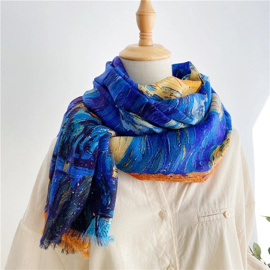 Blue Starry Night wool scarf wrapped around a mannequin, showing its lightweight oversized drape