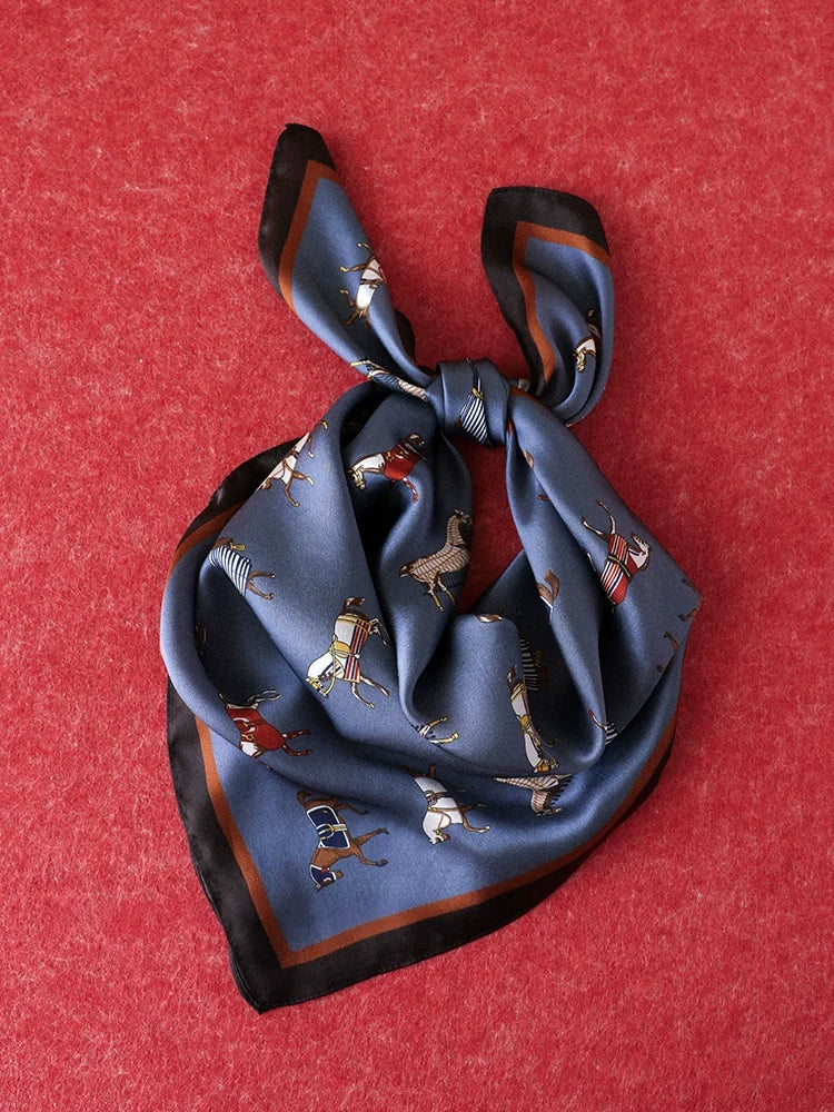 Vintage blue 65 cm mulberry silk square scarf with galloping horse print on a red background