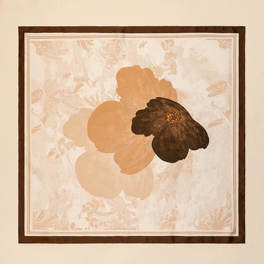 Vintage brown floral mulberry silk square scarf with an ivory background and coffee border