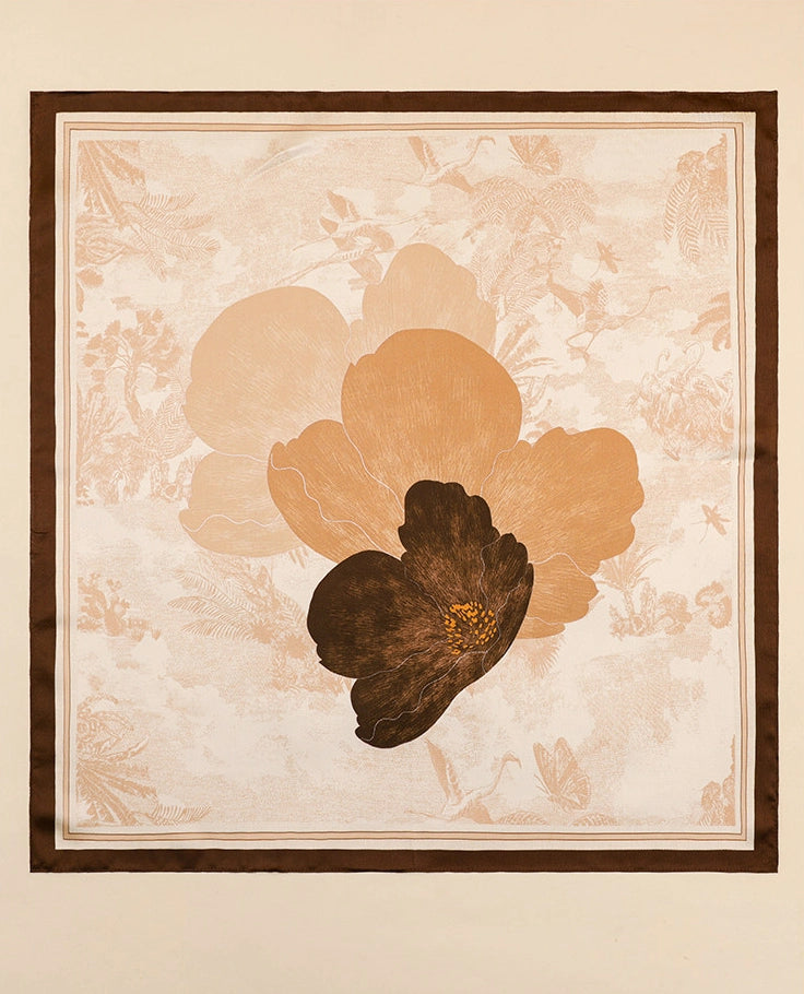 65 cm mulberry silk square scarf featuring caramel and dark brown flowers on an ivory background